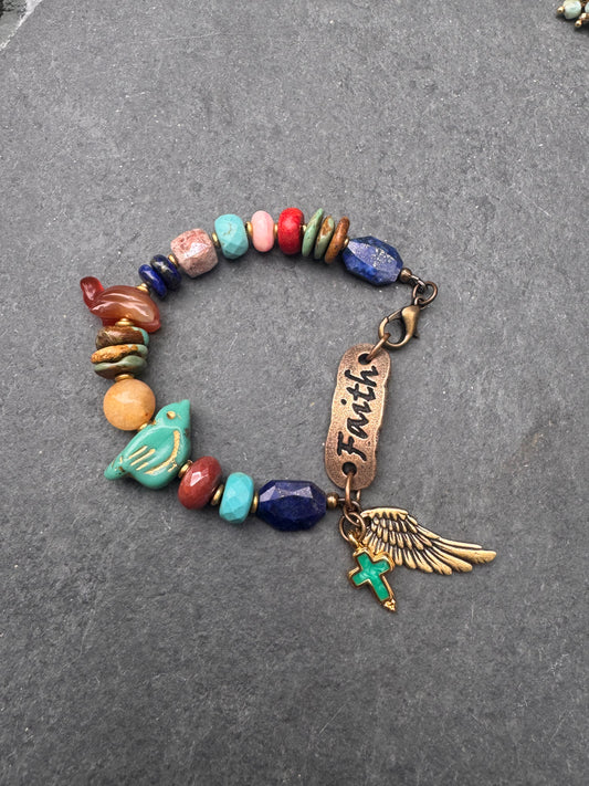 Faith. Turquoise, Lapis, carnelian agate, coral and faith cuff, bracelet