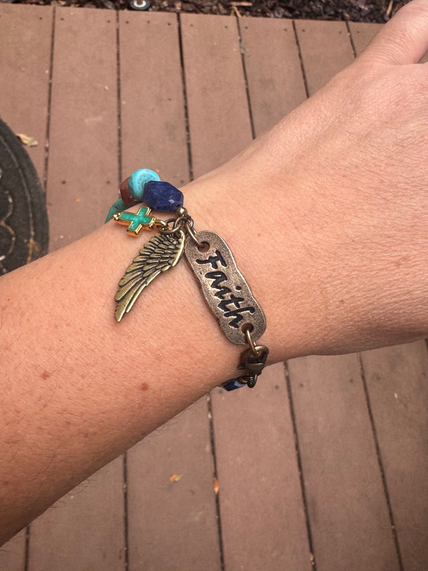 Faith. Turquoise, Lapis, carnelian agate, coral and faith cuff, bracelet