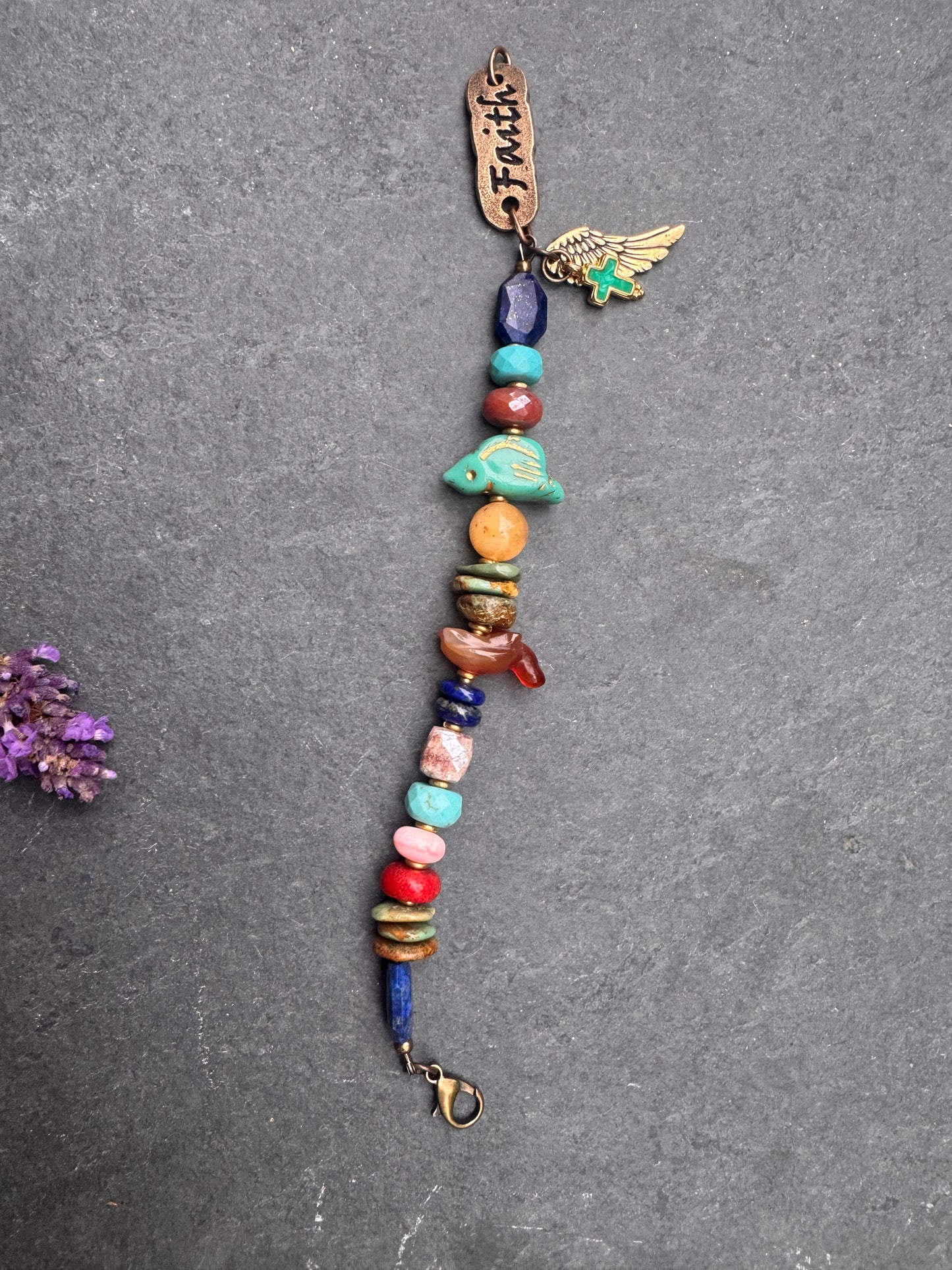 Faith. Turquoise, Lapis, carnelian agate, coral and faith cuff, bracelet