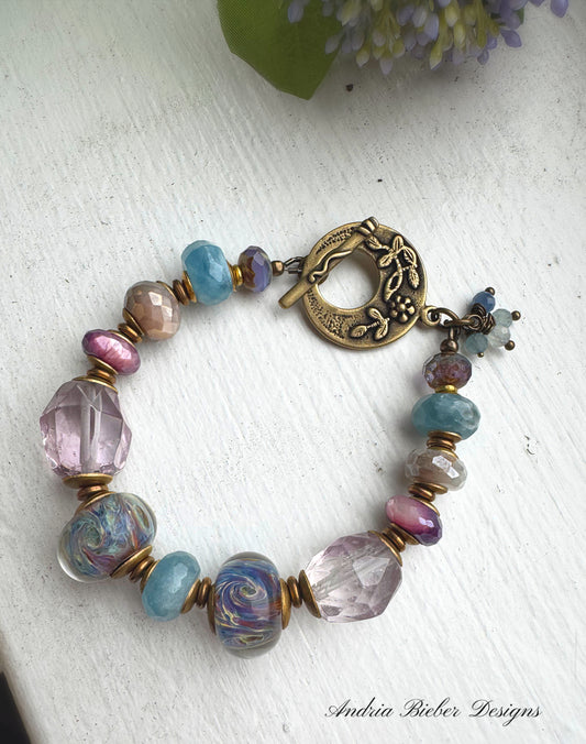 Lampwork glass, czech glass, amethyst stone, aquamarine stone, African brass, bracelet, jewelry