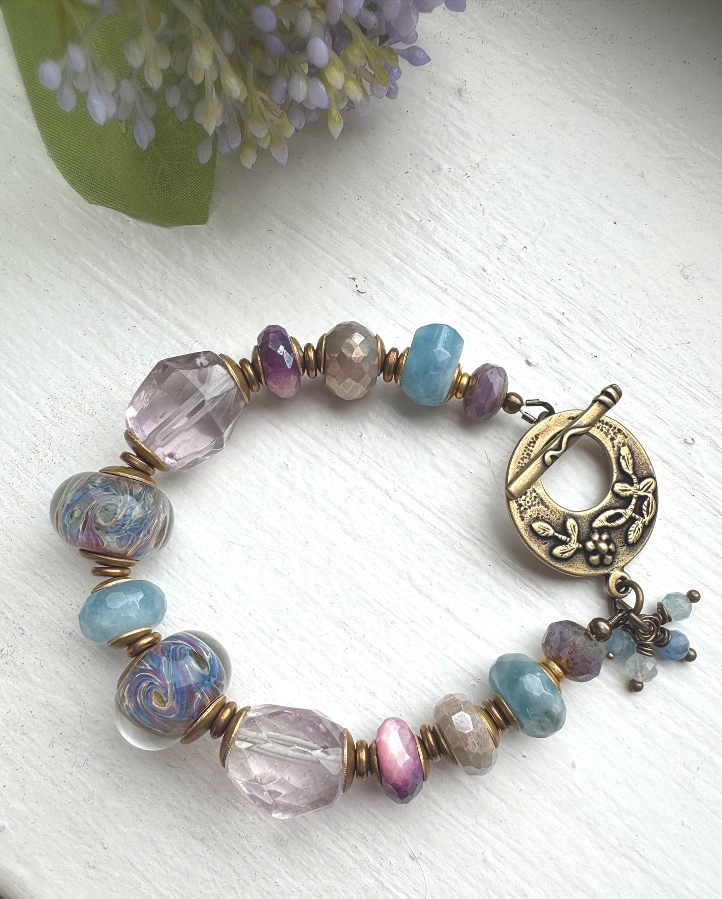 Lampwork glass, czech glass, amethyst stone, aquamarine stone, African brass, bracelet, jewelry