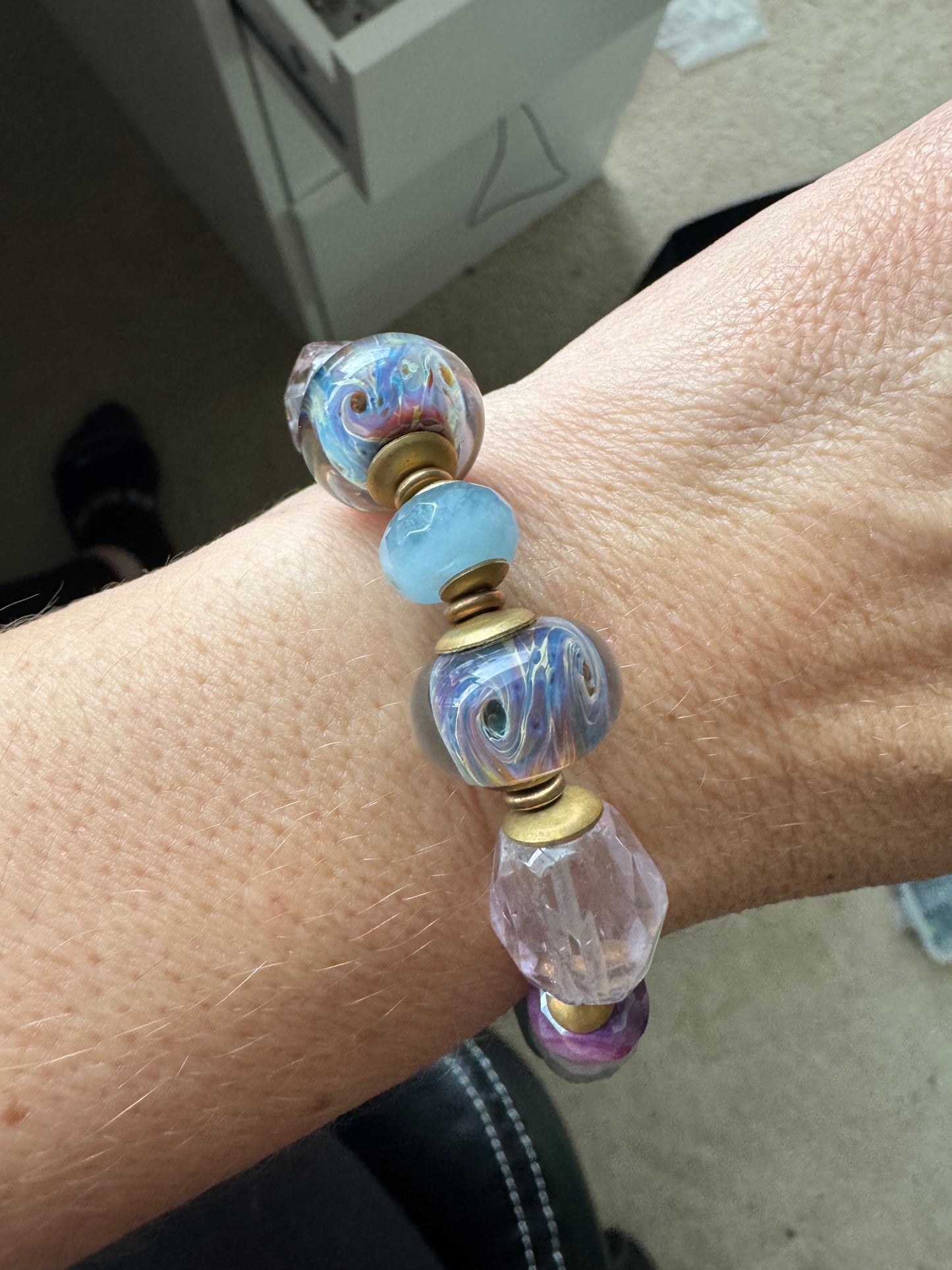 Lampwork glass, czech glass, amethyst stone, aquamarine stone, African brass, bracelet, jewelry