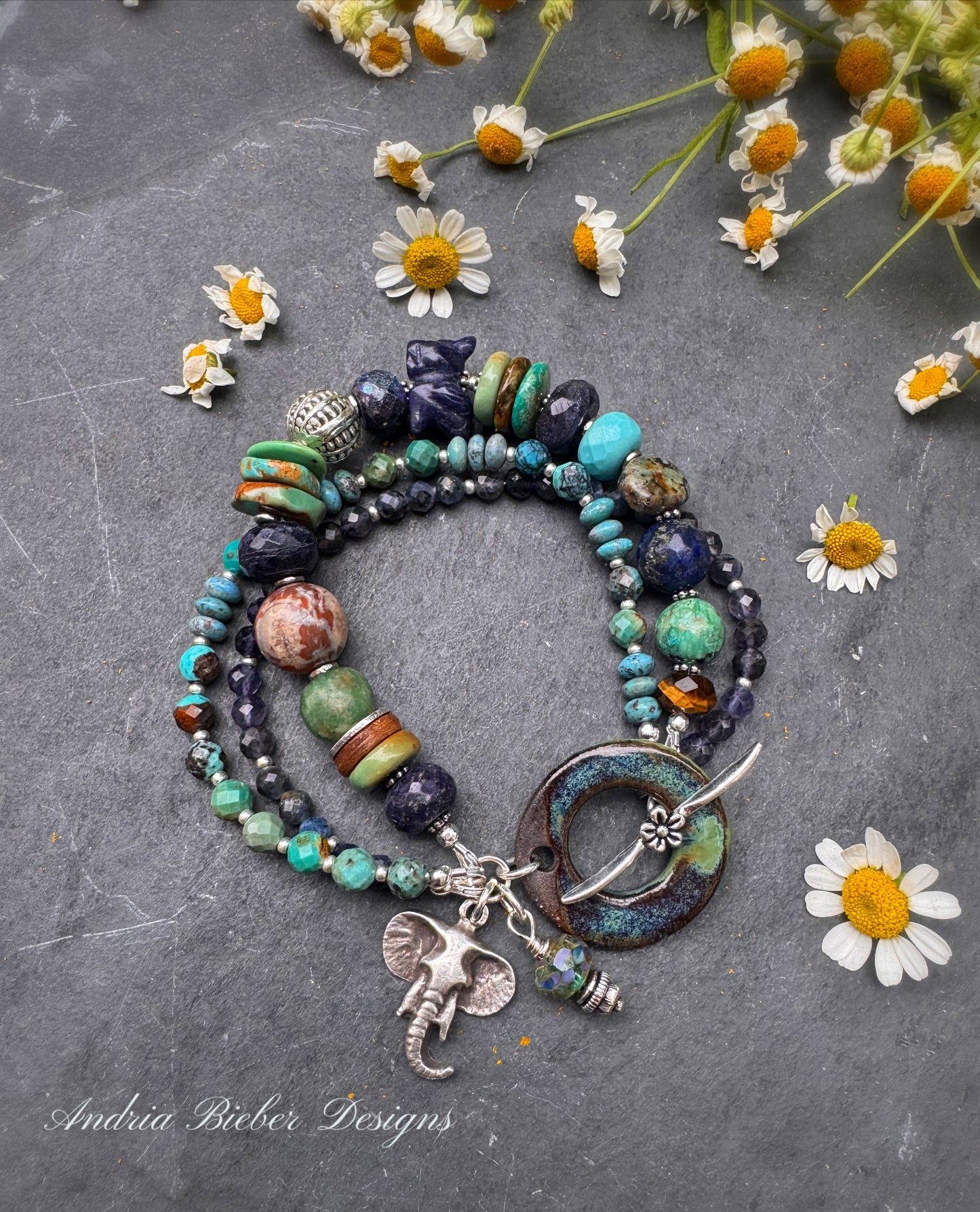 Turquoise, iolite, ceramic clasp, bracelet