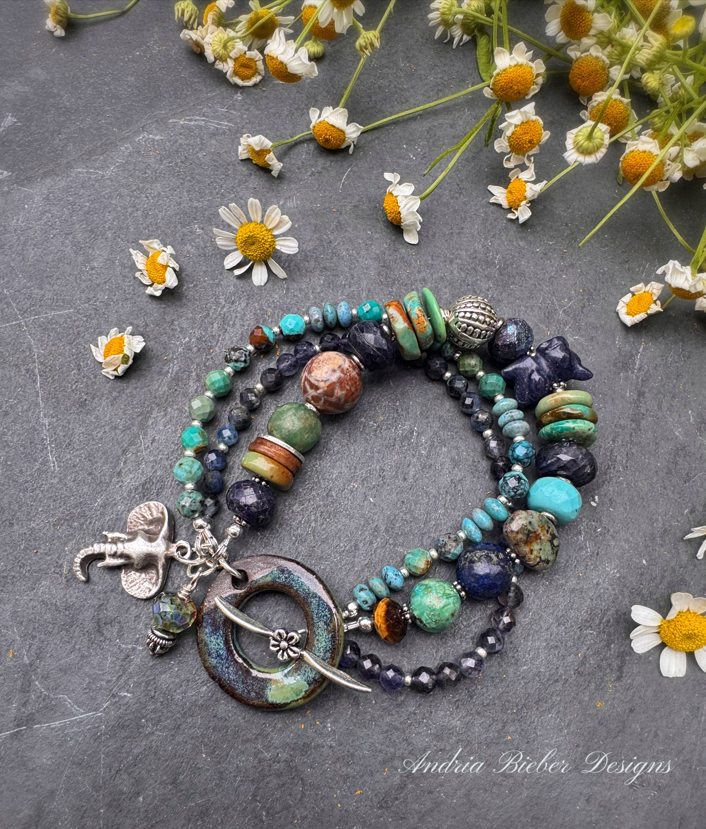 Turquoise, iolite, ceramic clasp, bracelet