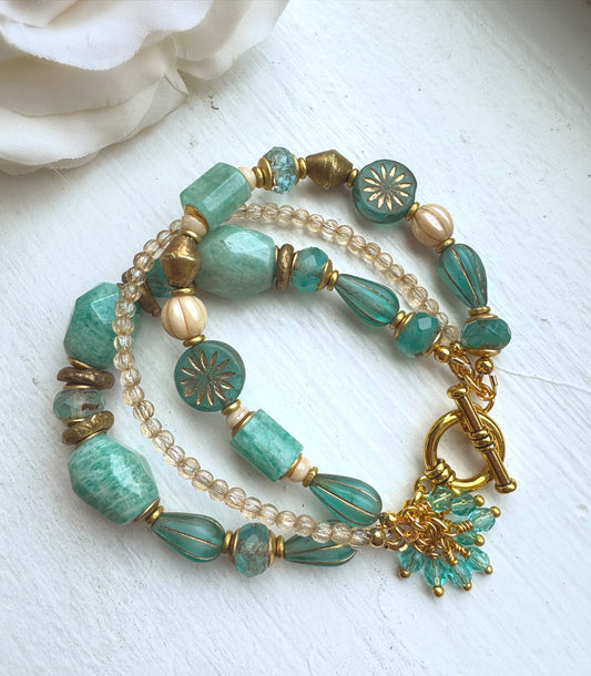 Amazonite, Czech glass, bronze metal, bracelet, jewelry
