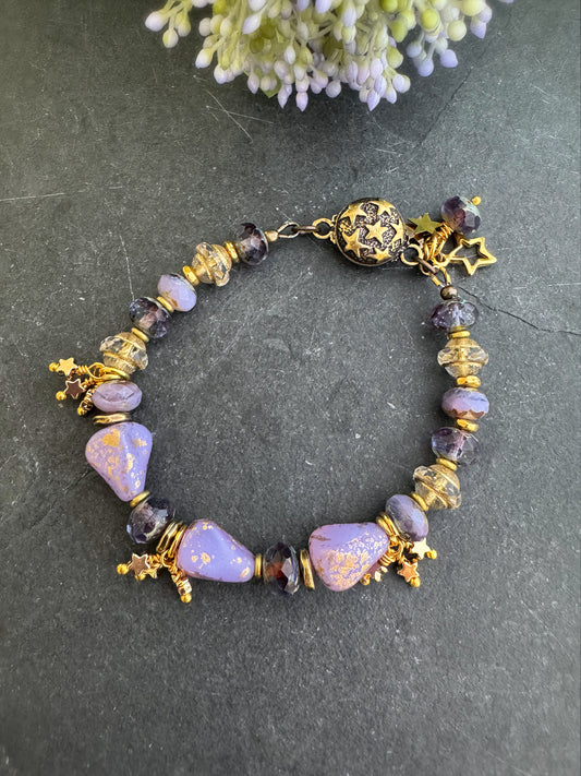 Purple and gold Czech glass, bronze metal, bracelet, jewelry
