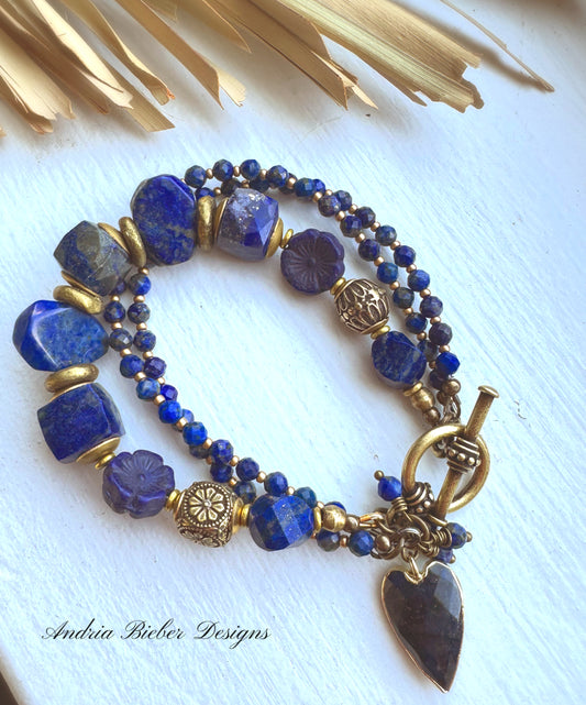Lapis lazuli stone, czech glass, african brass, bracelet , jewelry