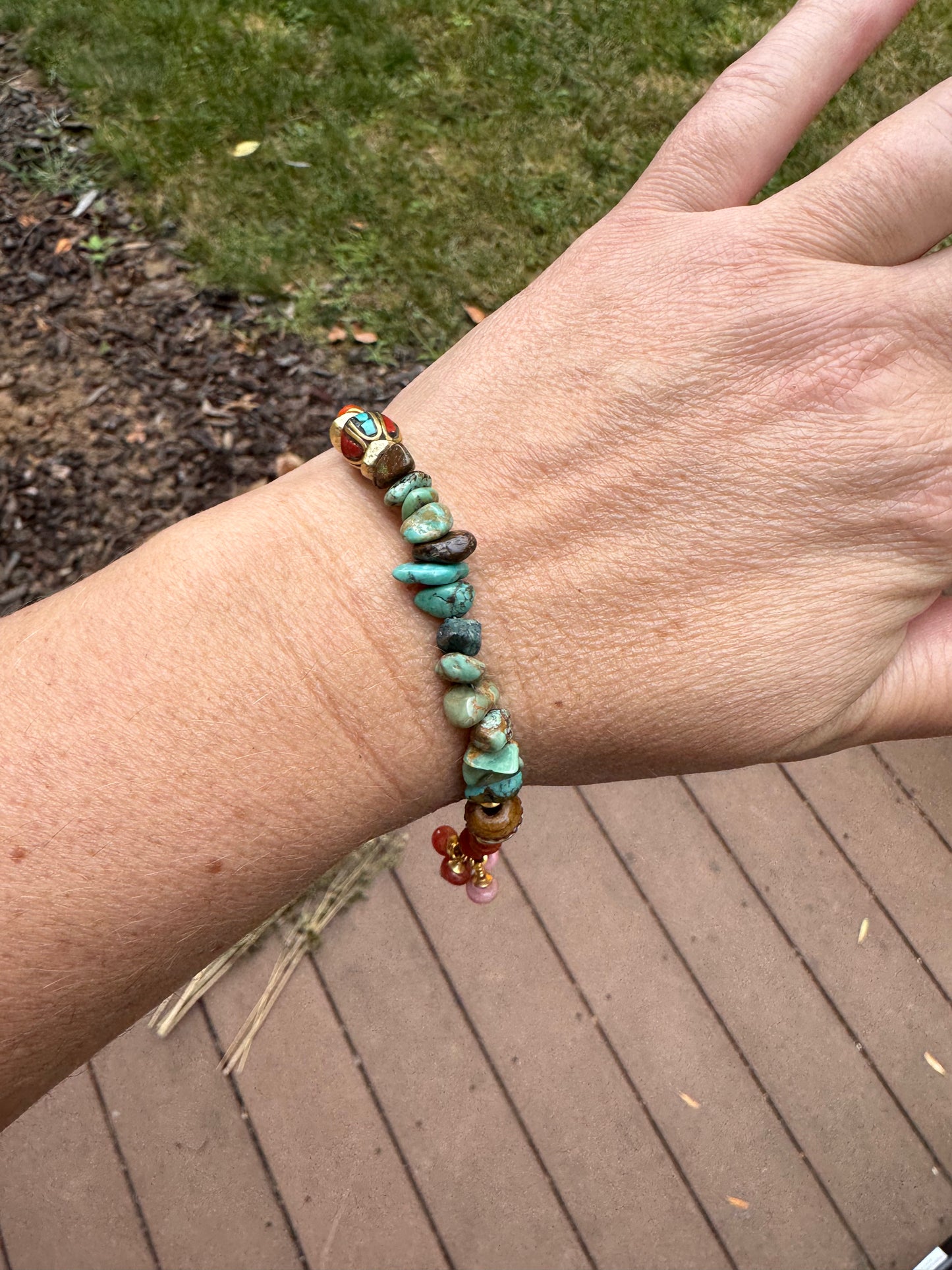 Turquoise, African glass, brass metal bracelet.