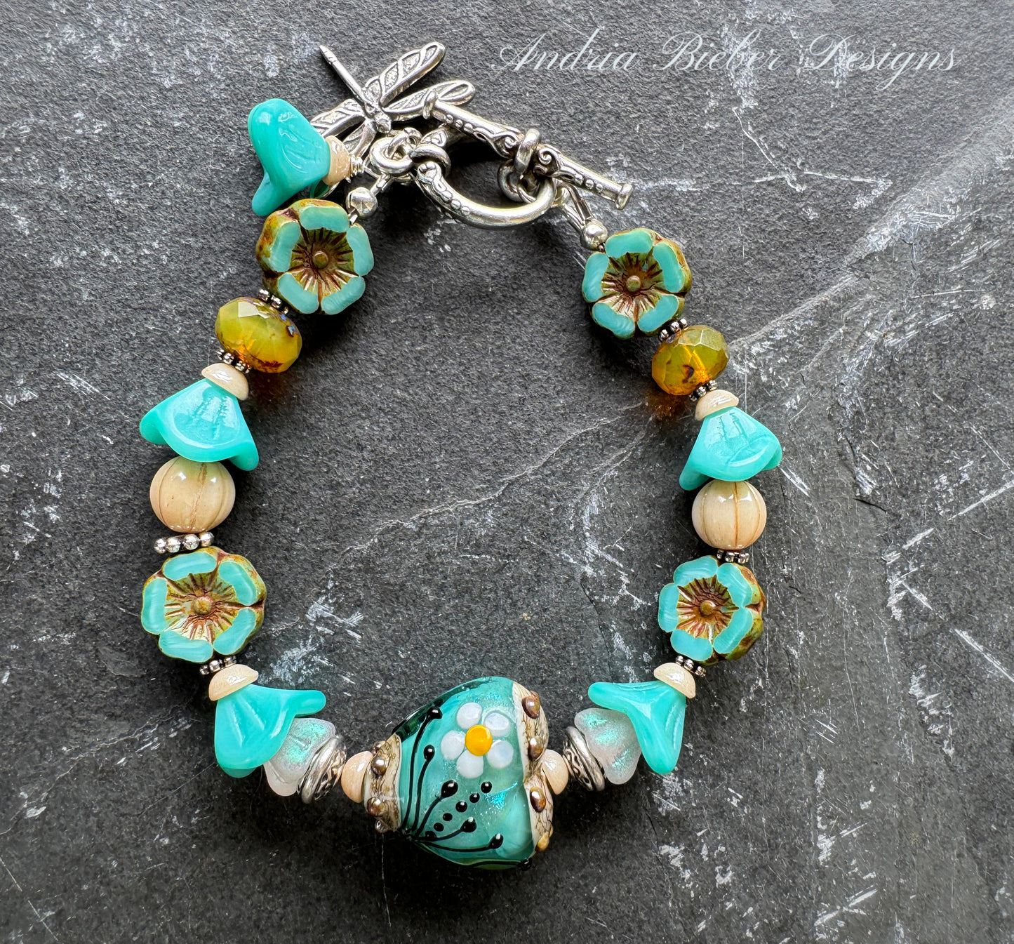 Lampwork glass, czech glass and silver metal, bracelet