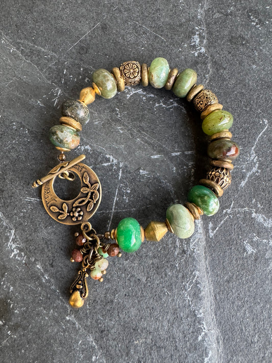 chrysoprase stone, African brass, bracelet.