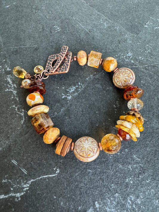 Citrine stone, amber, czech glass,copper metal, bracelet.