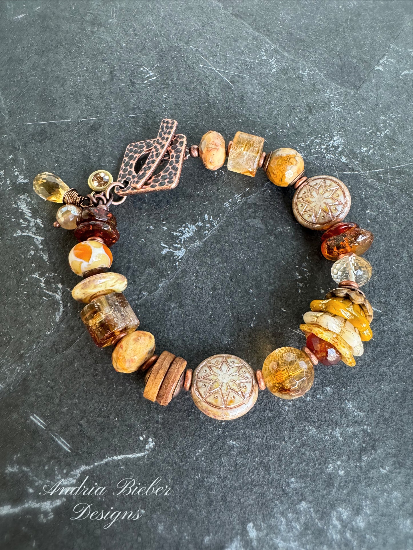 Citrine stone, amber, czech glass,copper metal, bracelet.