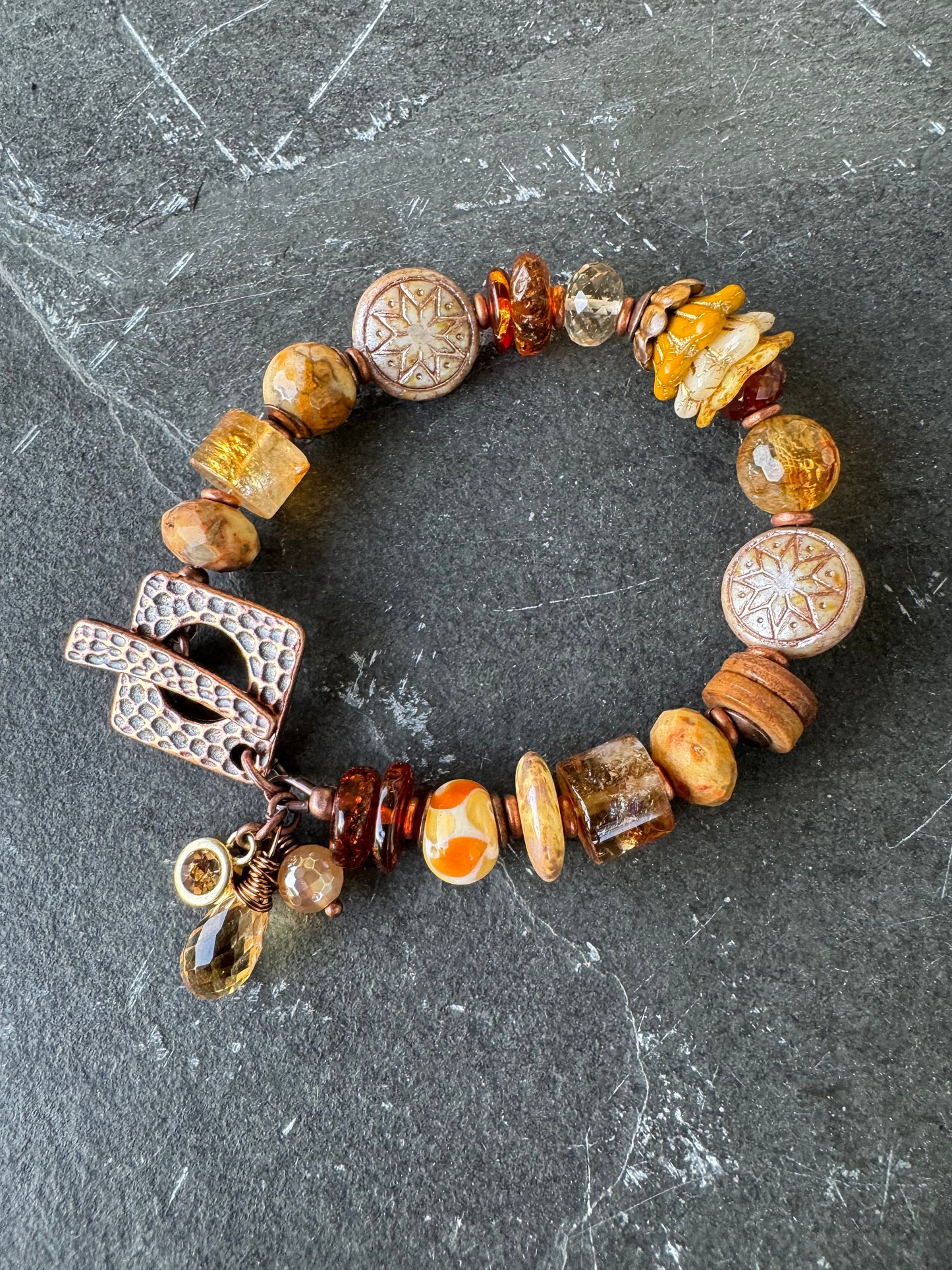 Citrine stone, amber, czech glass,copper metal, bracelet.