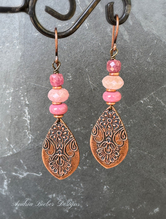Handmade copper detailed charms, pink stone, glass, copper earrings