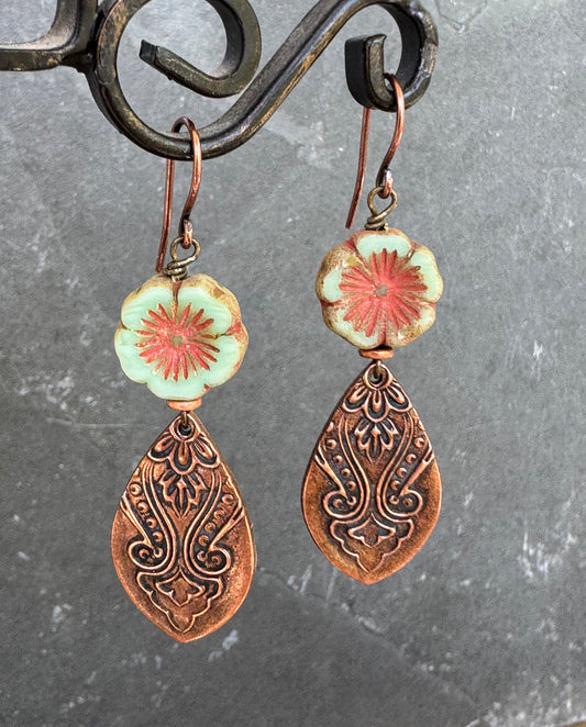 Handmade copper detailed charms, czech glass flowers, copper earrings