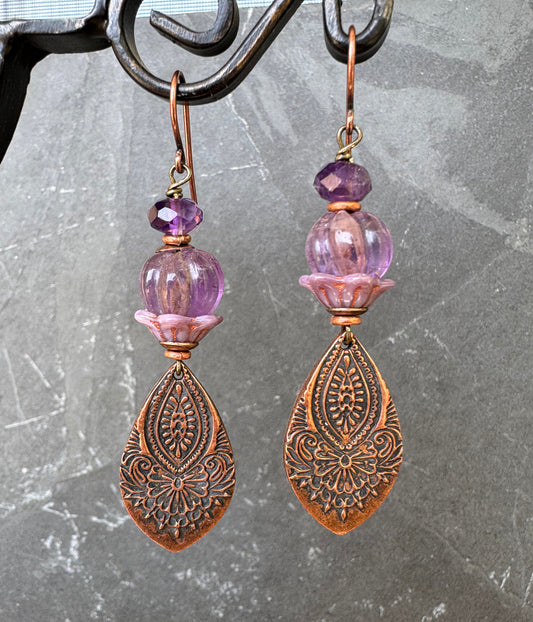 Handmade copper detailed charms, amethyst stone, czech glass, copper earrings