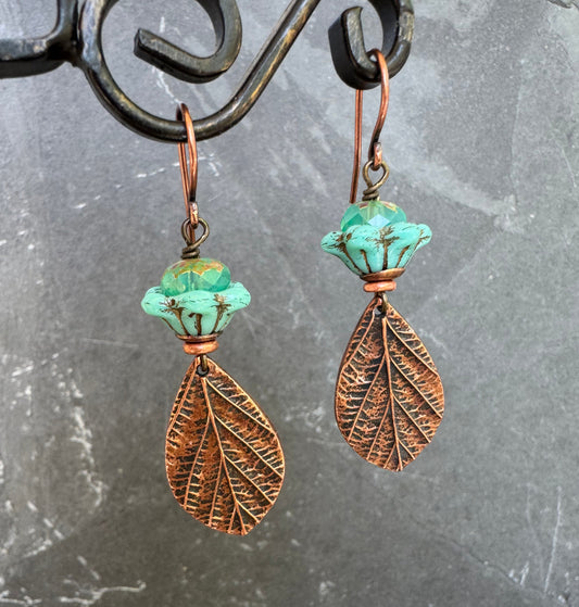 Handmade copper detailed charms, teal Czech glass, copper earrings