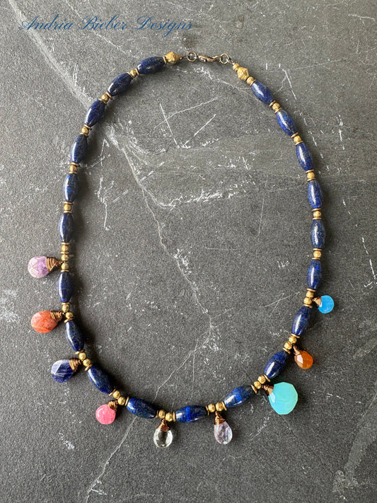 Lapis stone and mixed gemstone necklace. African brass.
