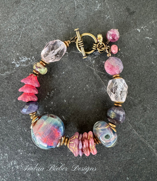 Amethyst stone, purple labradorite, czech glass, African brass, bracelet.