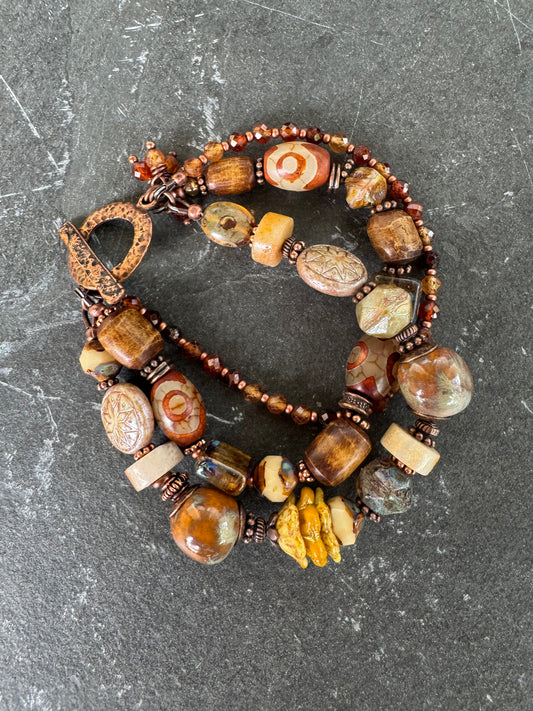 Garnet, Czech glass, ceramic, Amazonite, agate, copper metal, bracelet.