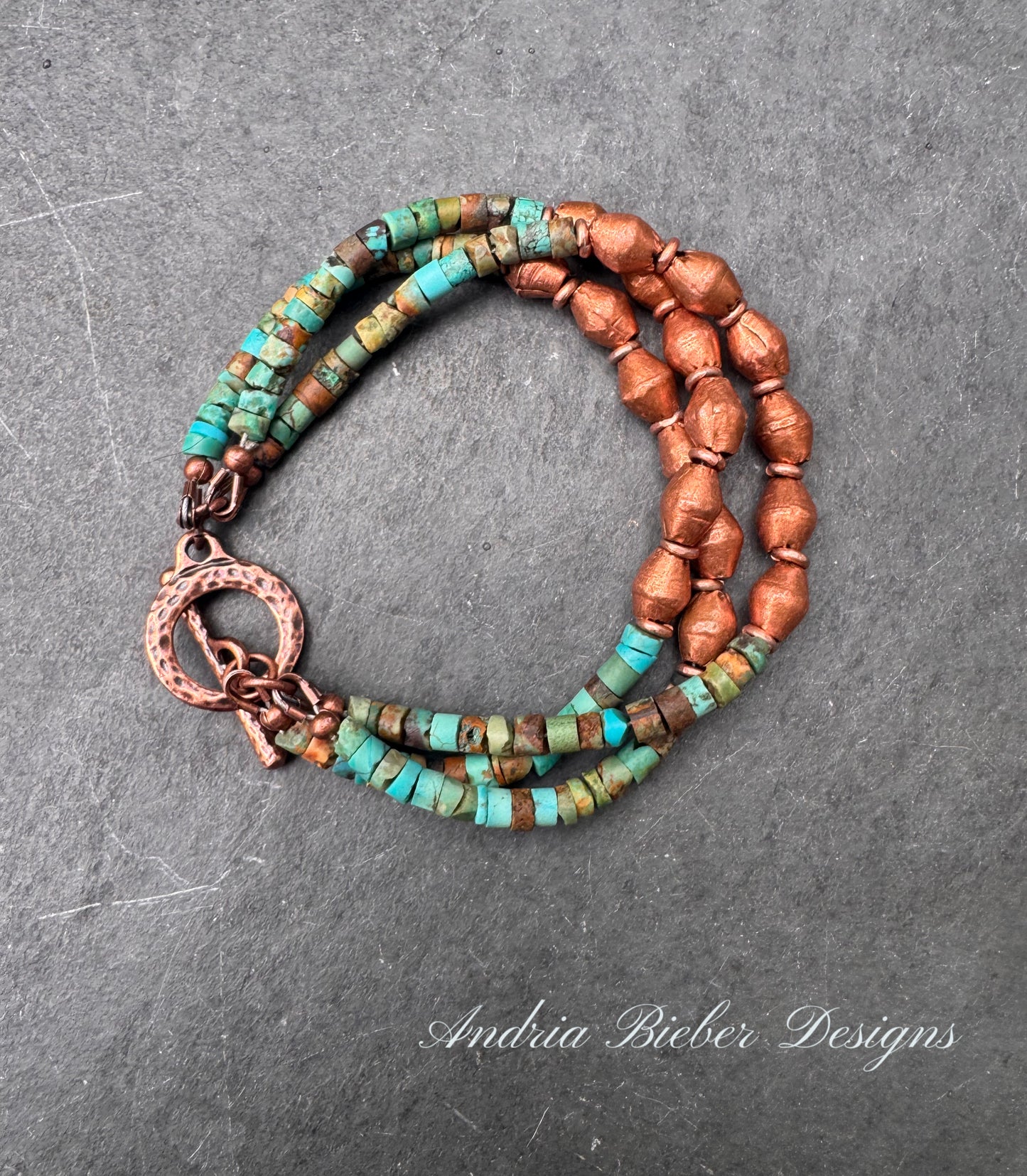Turquoise stone, copper metal, multi strand, bracelet