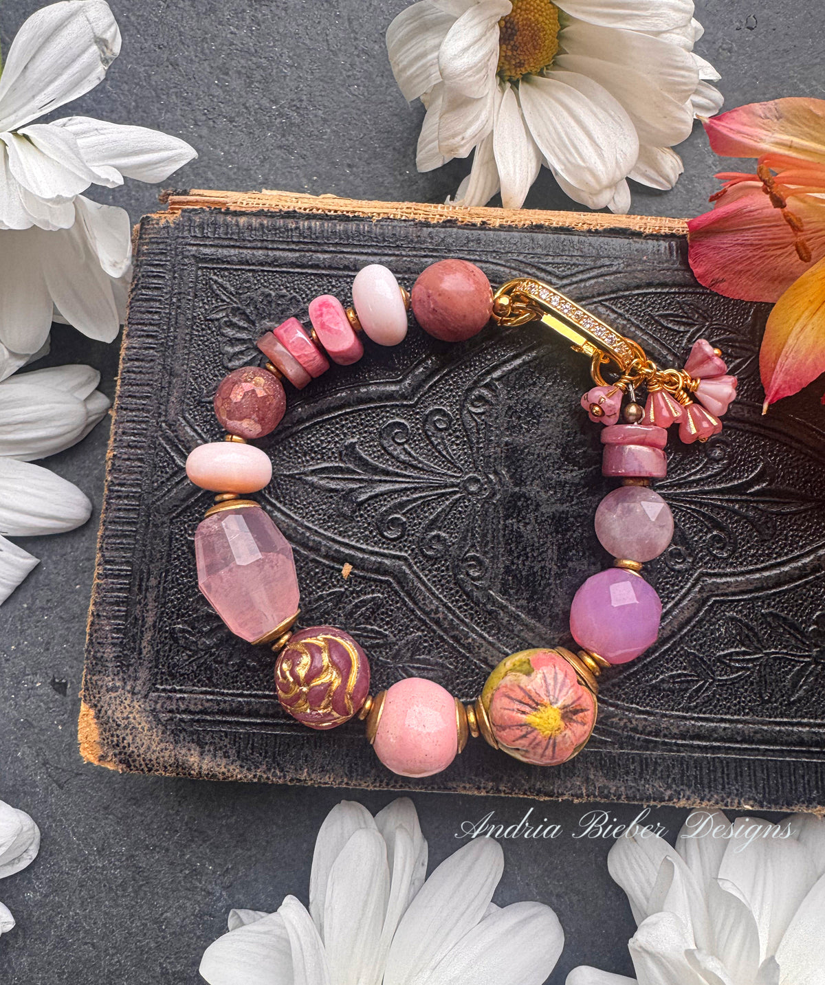 Pink gemstone blend, ceramic, Czech glass and gold metal bracelet.
