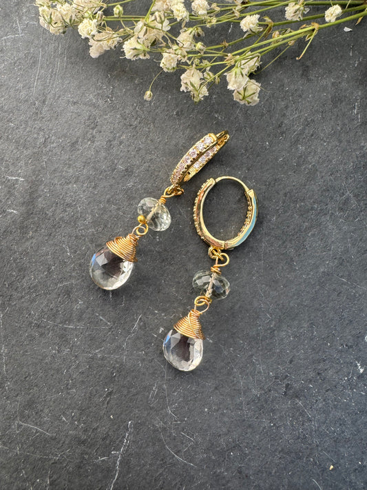 Green amethyst stone, gold rhinestone ear wires