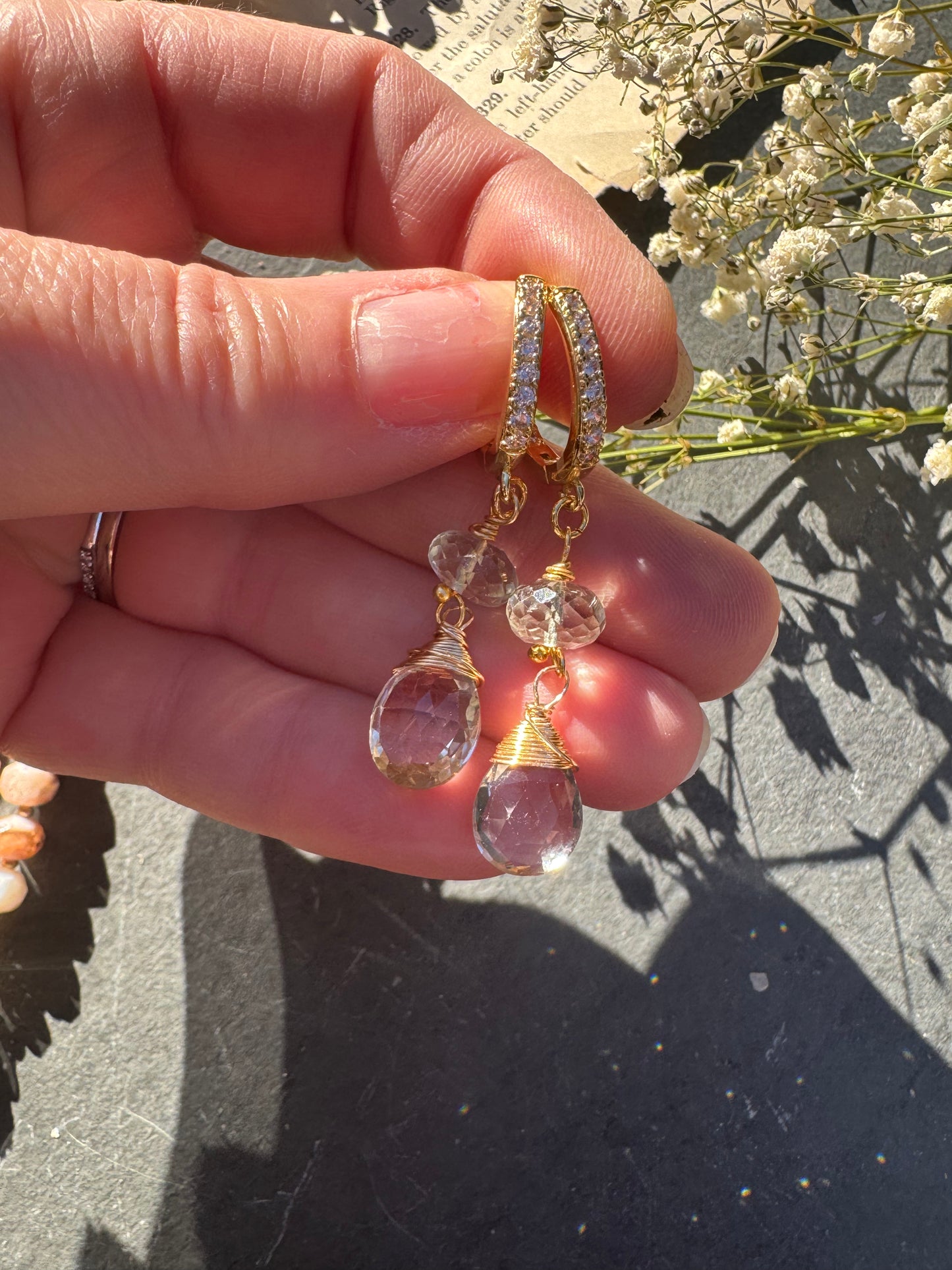 Green amethyst stone, gold rhinestone ear wires