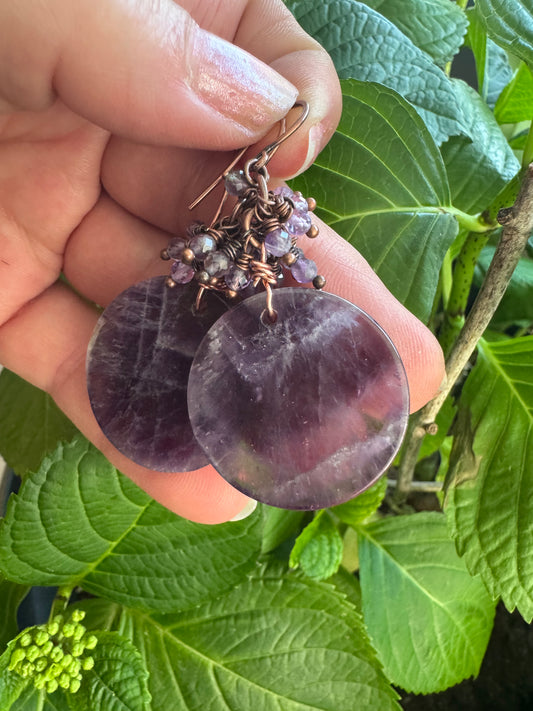 Amethyst stone, copper metal earrings, jewelry.