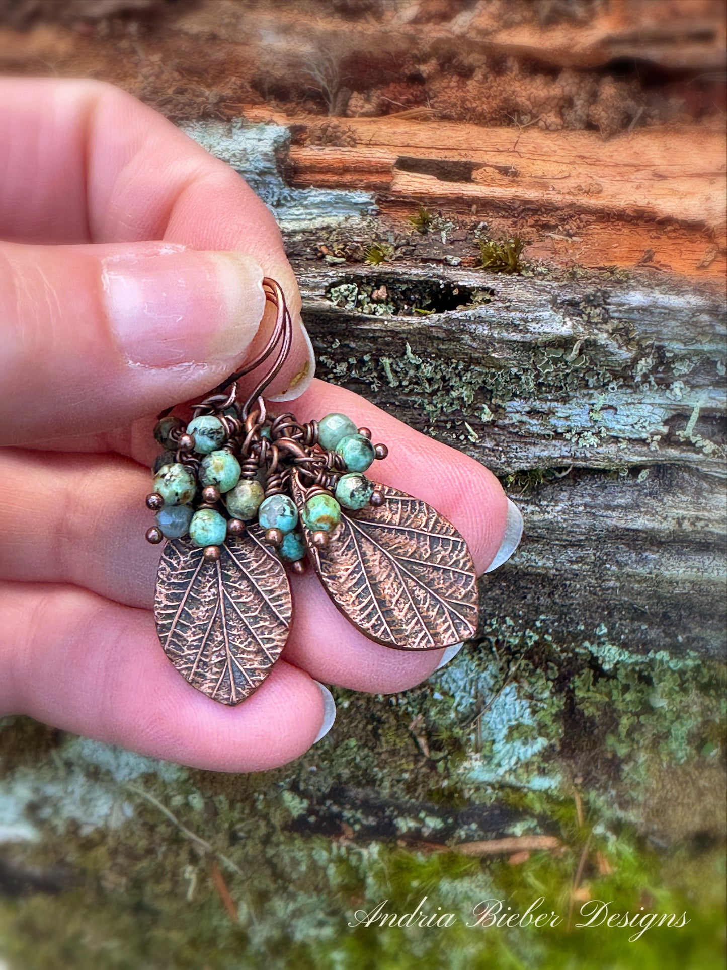 Hubei Turquoise faceted stones, handmade copper metal leaf charms, copper metal earrings
