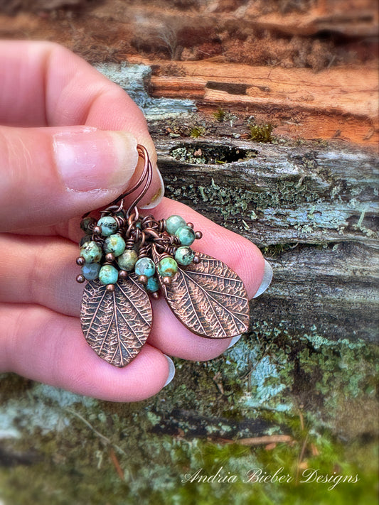 Hubei Turquoise faceted stones, handmade copper metal leaf charms, copper metal earrings