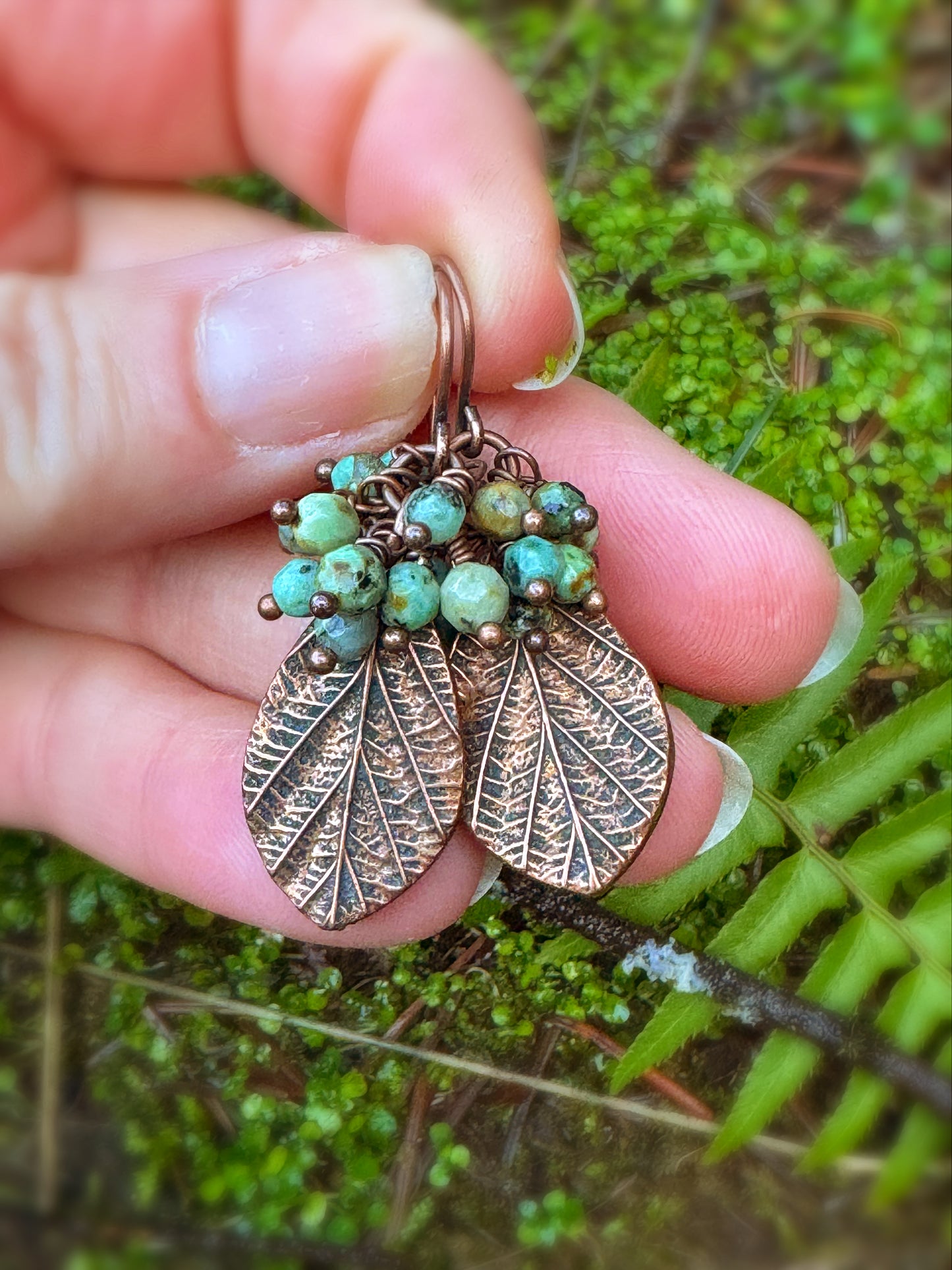 Hubei Turquoise faceted stones, handmade copper metal leaf charms, copper metal earrings
