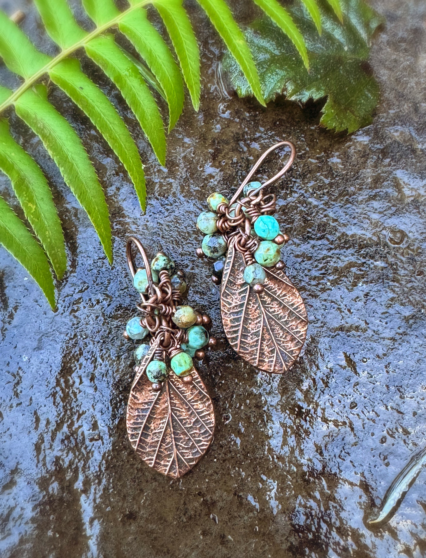 Hubei Turquoise faceted stones, handmade copper metal leaf charms, copper metal earrings