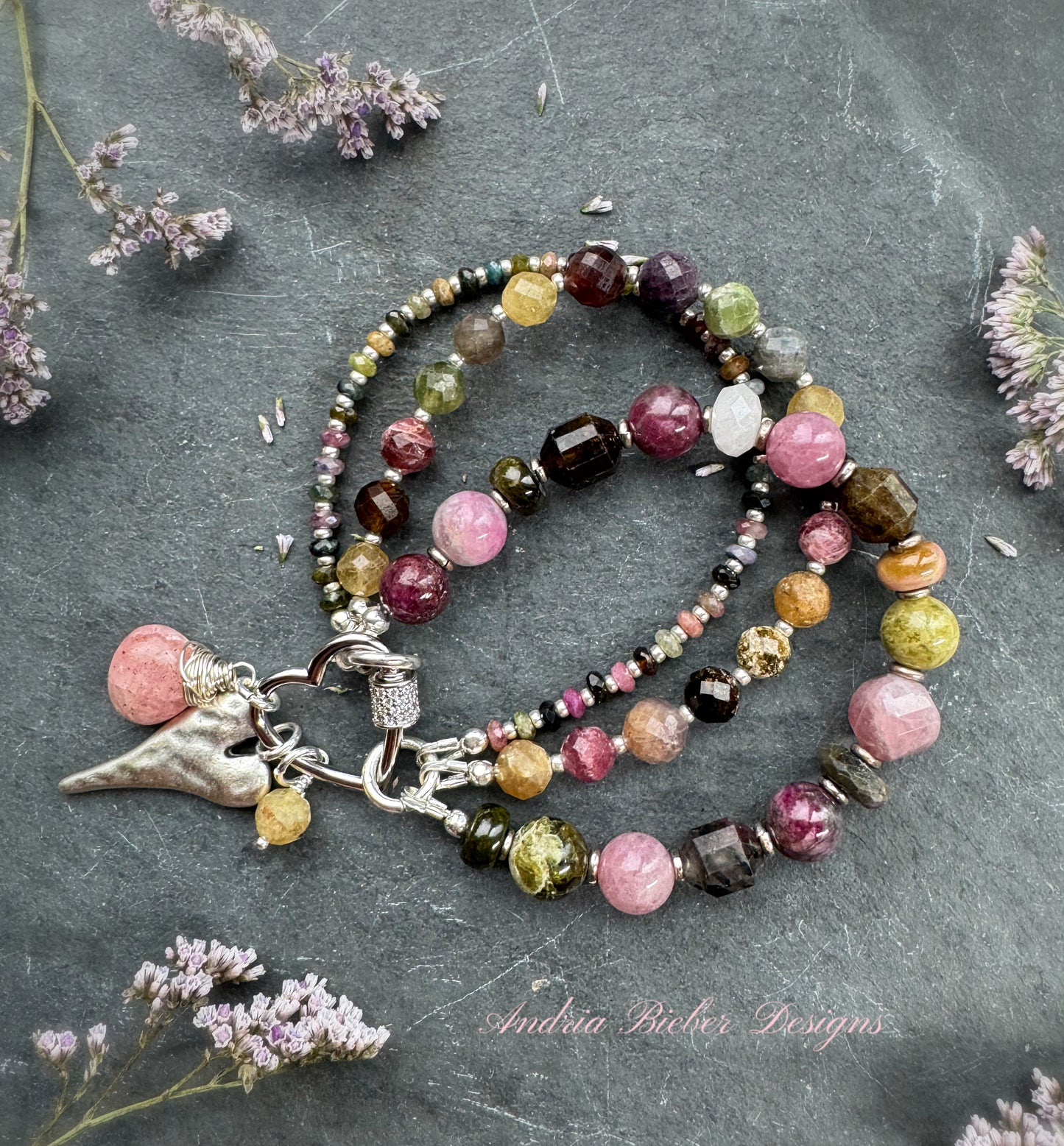 Watermelon tourmaline stone, rose quartz, pink tourmaline, strawberry quartz, heart twist rhinestone clasp.