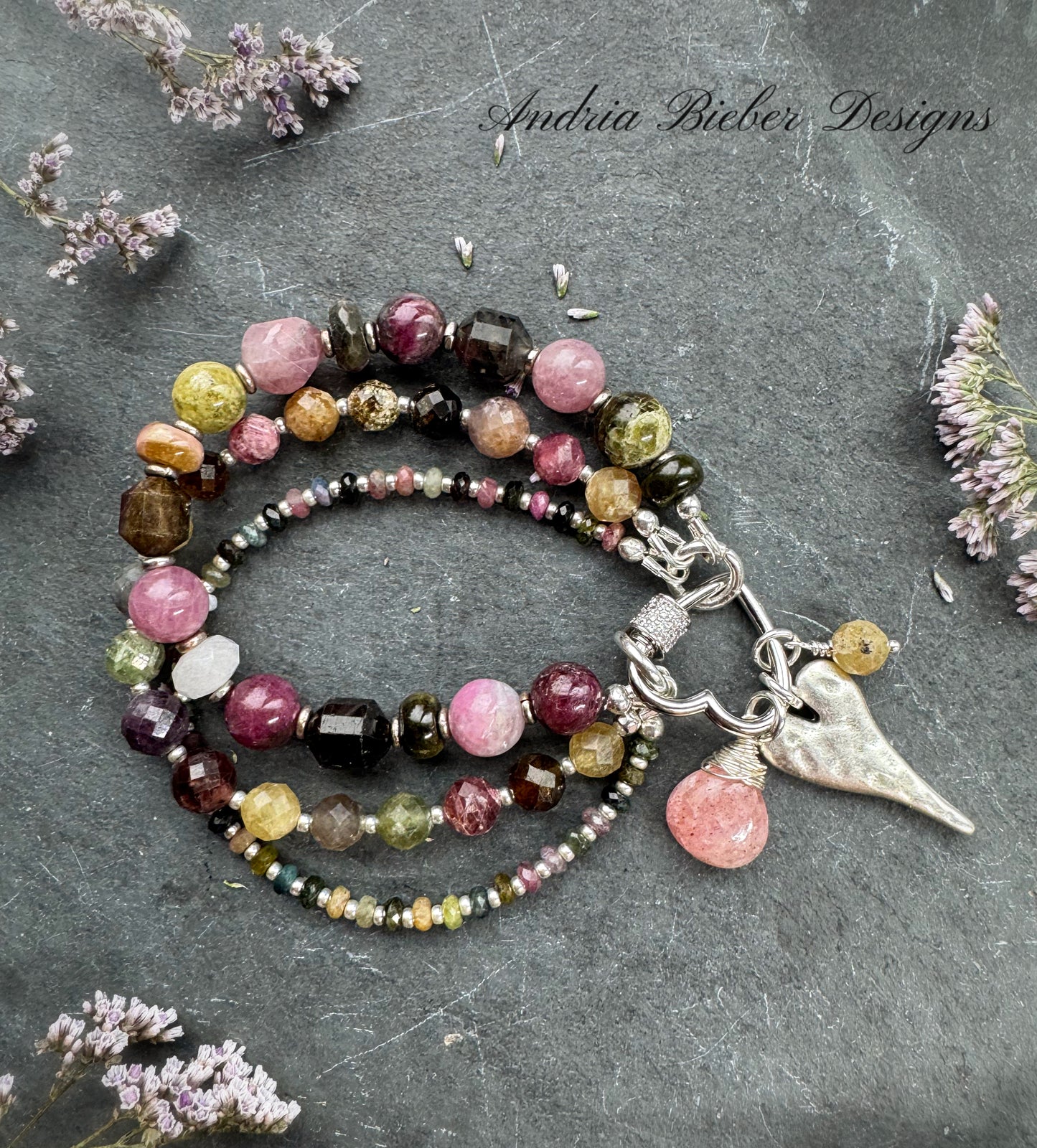 Watermelon tourmaline stone, rose quartz, pink tourmaline, strawberry quartz, heart twist rhinestone clasp.