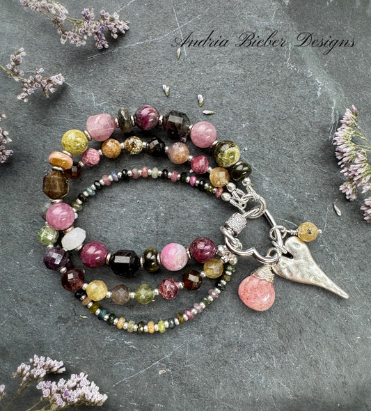 Watermelon tourmaline stone, rose quartz, pink tourmaline, strawberry quartz, heart twist rhinestone clasp.