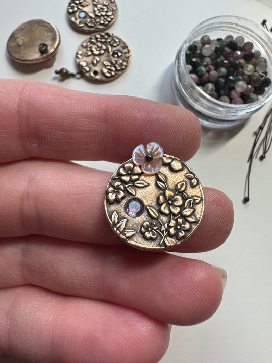 Watermelon tourmaline stone, pink shell blossom, bronze metal, earrings. Pink crystal inlay in charm.