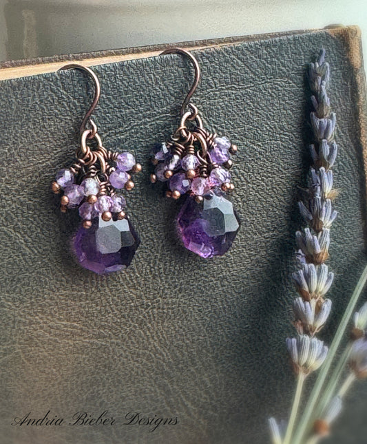 Amethyst faceted diamonds stone, copper metal earrings, jewelry.