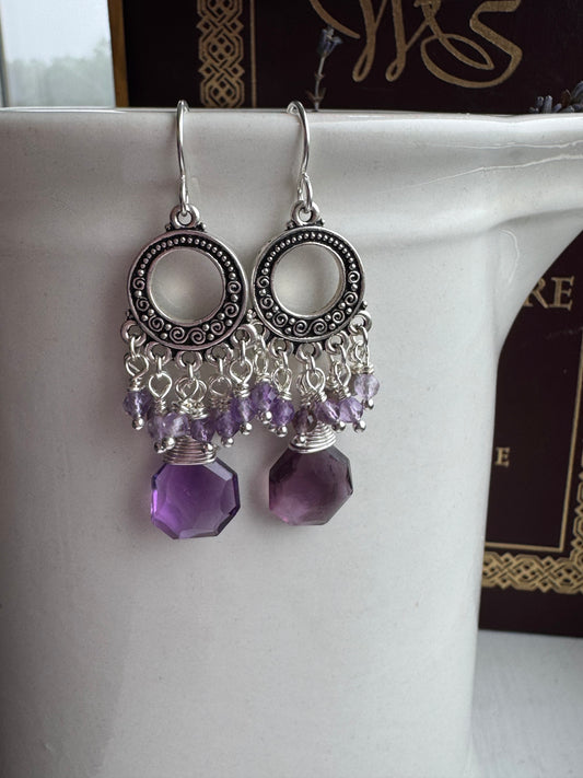 Amethyst faceted diamonds stone, silver metal earrings, jewelry.
