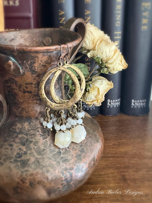 Moonstone, bronze wire wrapped, chandelier earrings