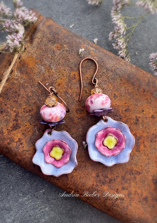 Enamel charm in glass and copper metal, floral ruffle charms, handmade lampwork glass, earrings