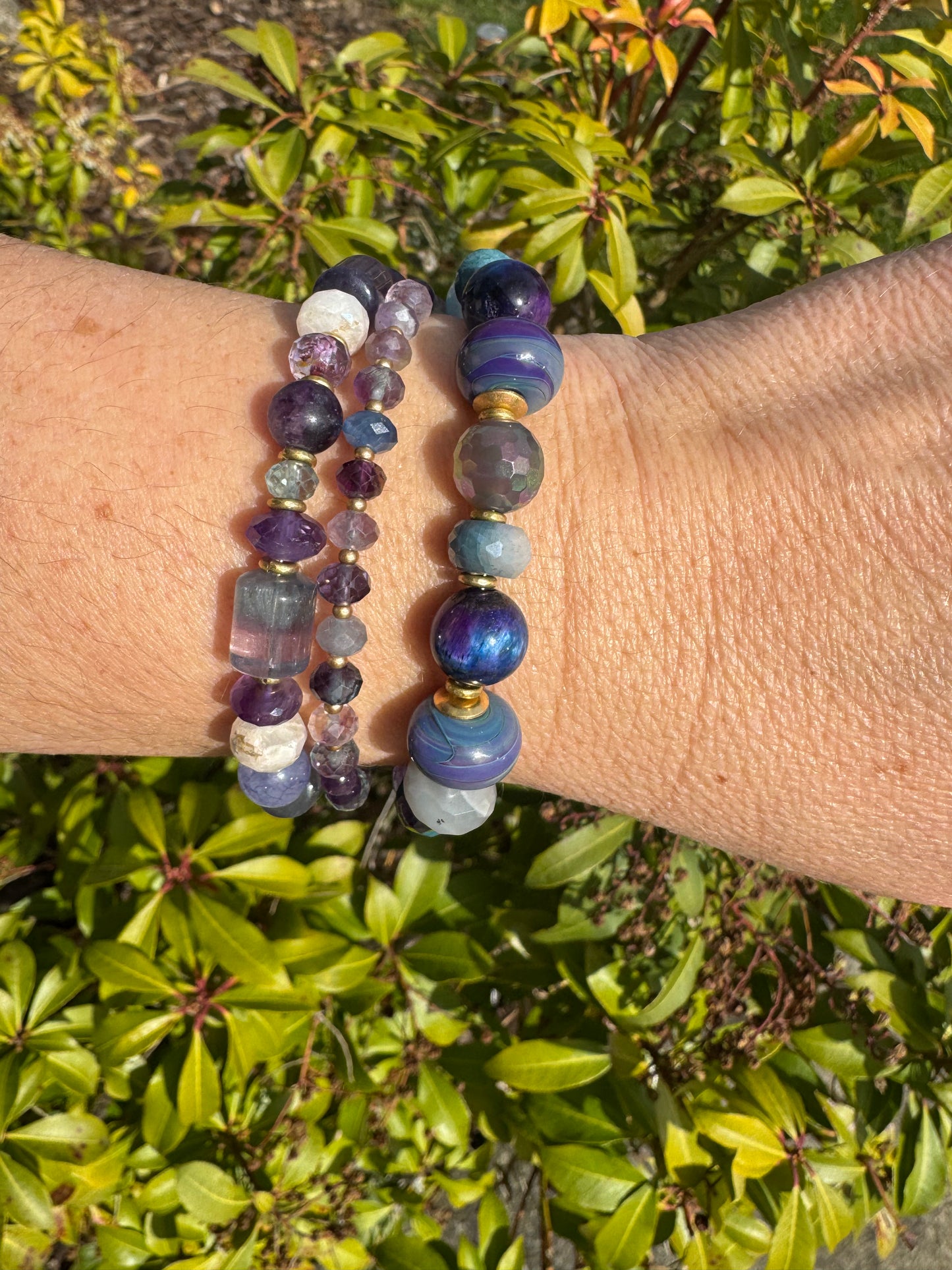 handmade lampwork glass, labradorite, fluorite, tigers eye, amethyst, aquamarine, moonstone, apatite, and  handmade button clasp.