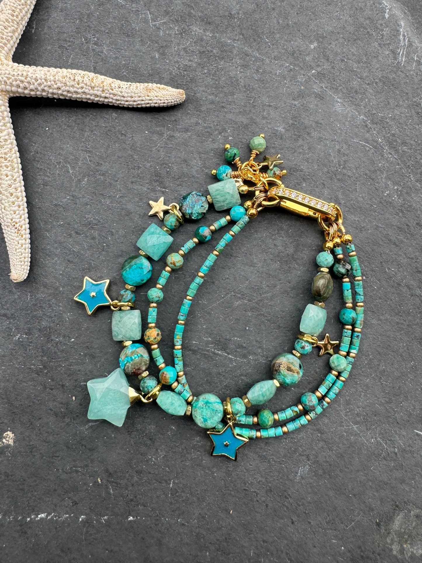 Amazonite, Hubei turquoise,apatite, charms, gold metal, rhinestone clasp, bracelet