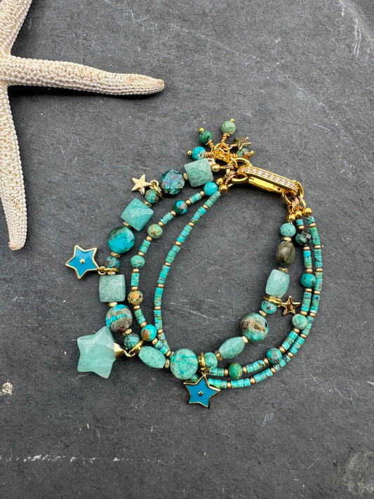 Amazonite, Hubei turquoise,apatite, charms, gold metal, rhinestone clasp, bracelet