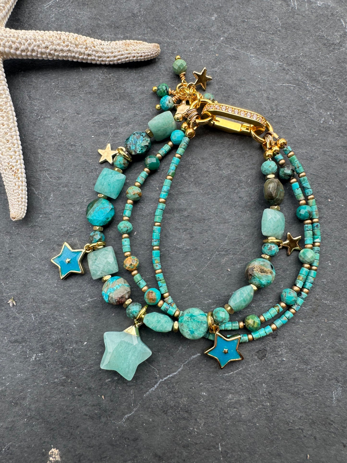Amazonite, Hubei turquoise,apatite, charms, gold metal, rhinestone clasp, bracelet