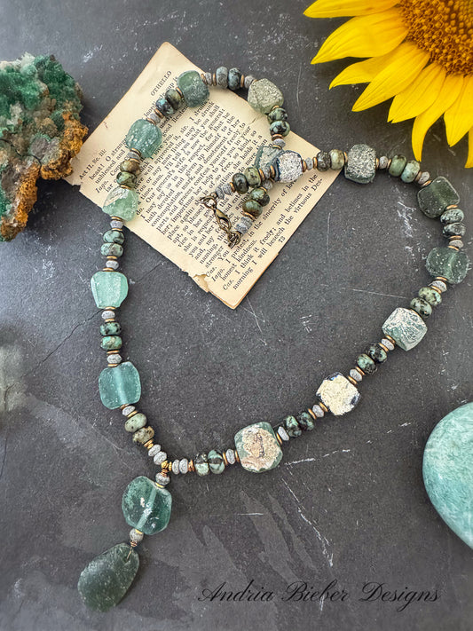 Roman glass, turquoise, african brass, necklace, jewelry