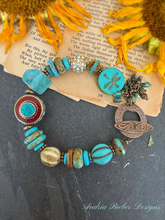 Turquoise stone, czech glass, nepal bead, brass, bracelet.