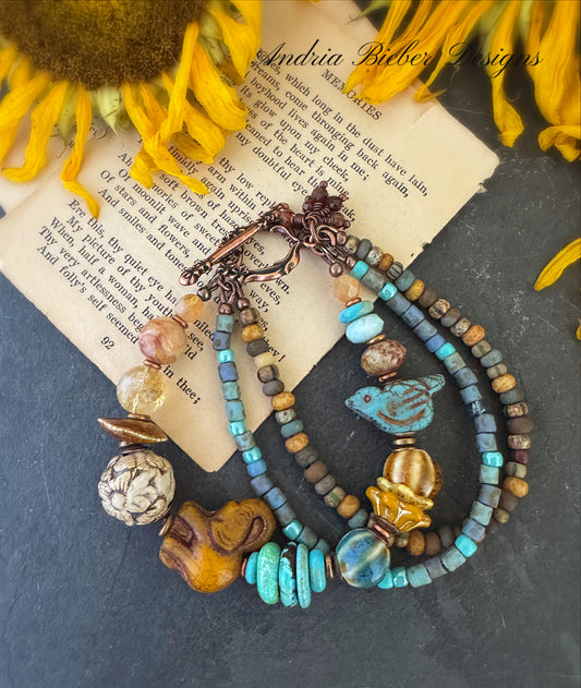 Turquoise stone, Czech glass, ceramic, citrine, jasper and copper metal, bracelet.