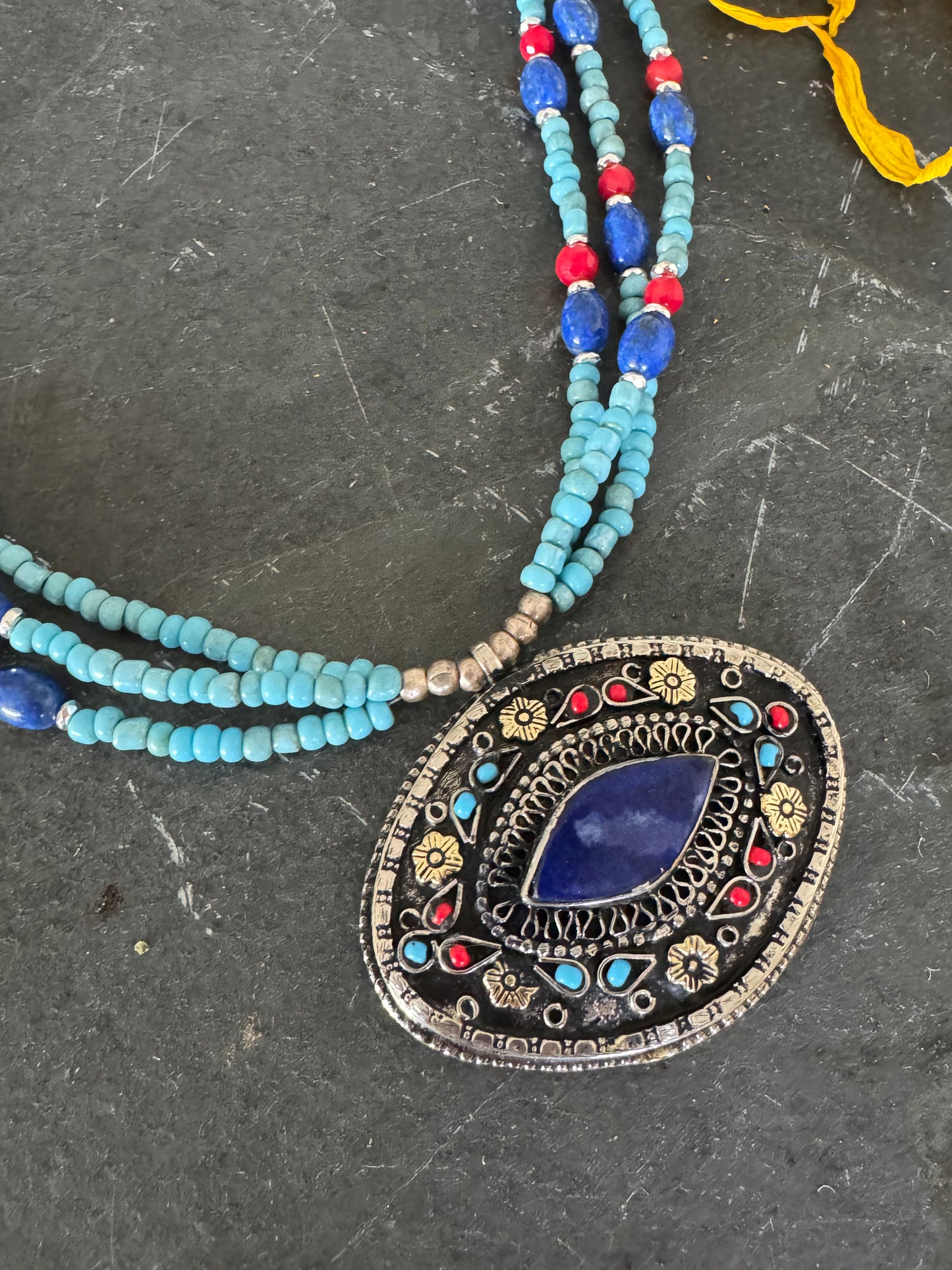 Afghanistan lapis pendant, blue glass beads, coral, lapis lazuli stone, silver metal, necklace.