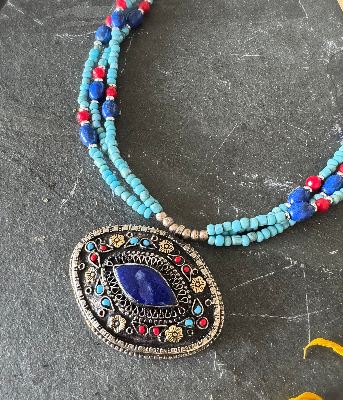 Afghanistan lapis pendant, blue glass beads, coral, lapis lazuli stone, silver metal, necklace.
